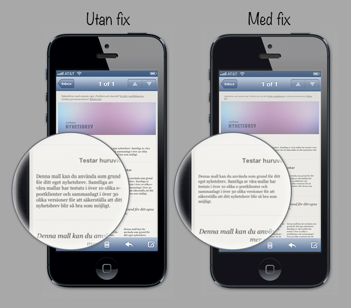 iOS-zoom bug – Med och utan fix för att visa skillnaden på hur text renderas på mobila enheter