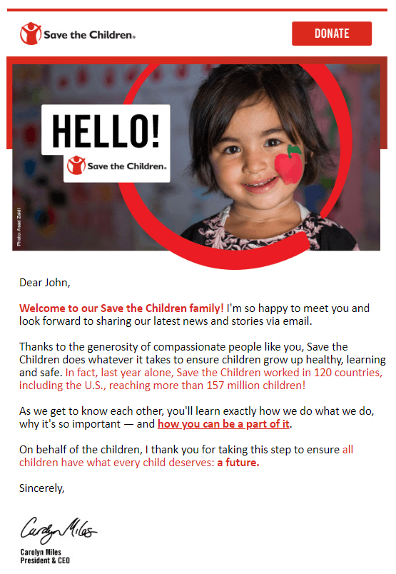 Nonprofit newsletter examples: imagery in welcome emails