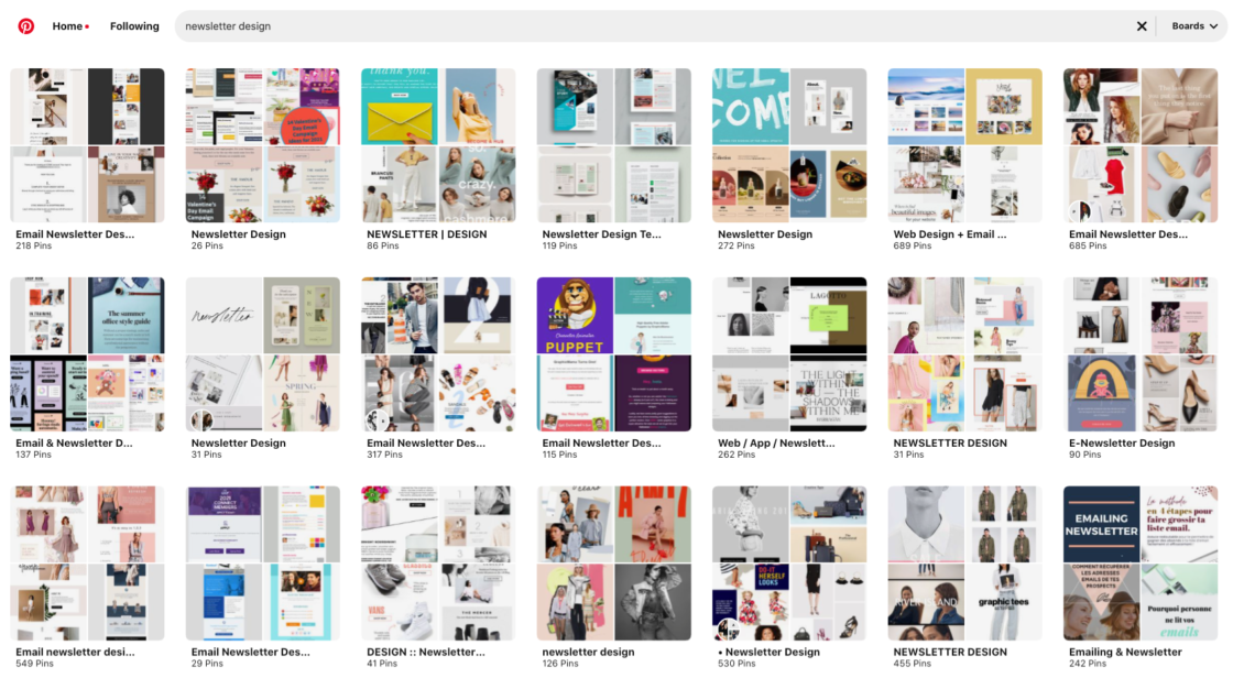 Pinterest boards för e-postmarknadsföring och nyhetsbrev designinspiration