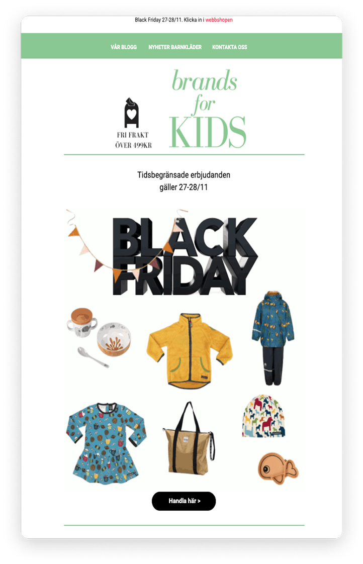 Exempel på nyhetsbrev för Black Friday med Brand For Kids